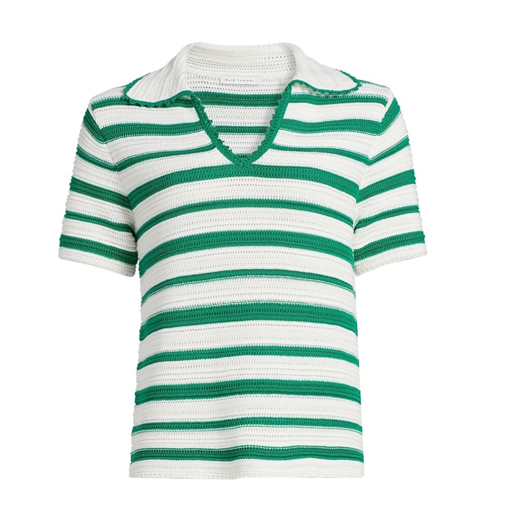 “Harlow” Green & White Striped Collared Polo knit top